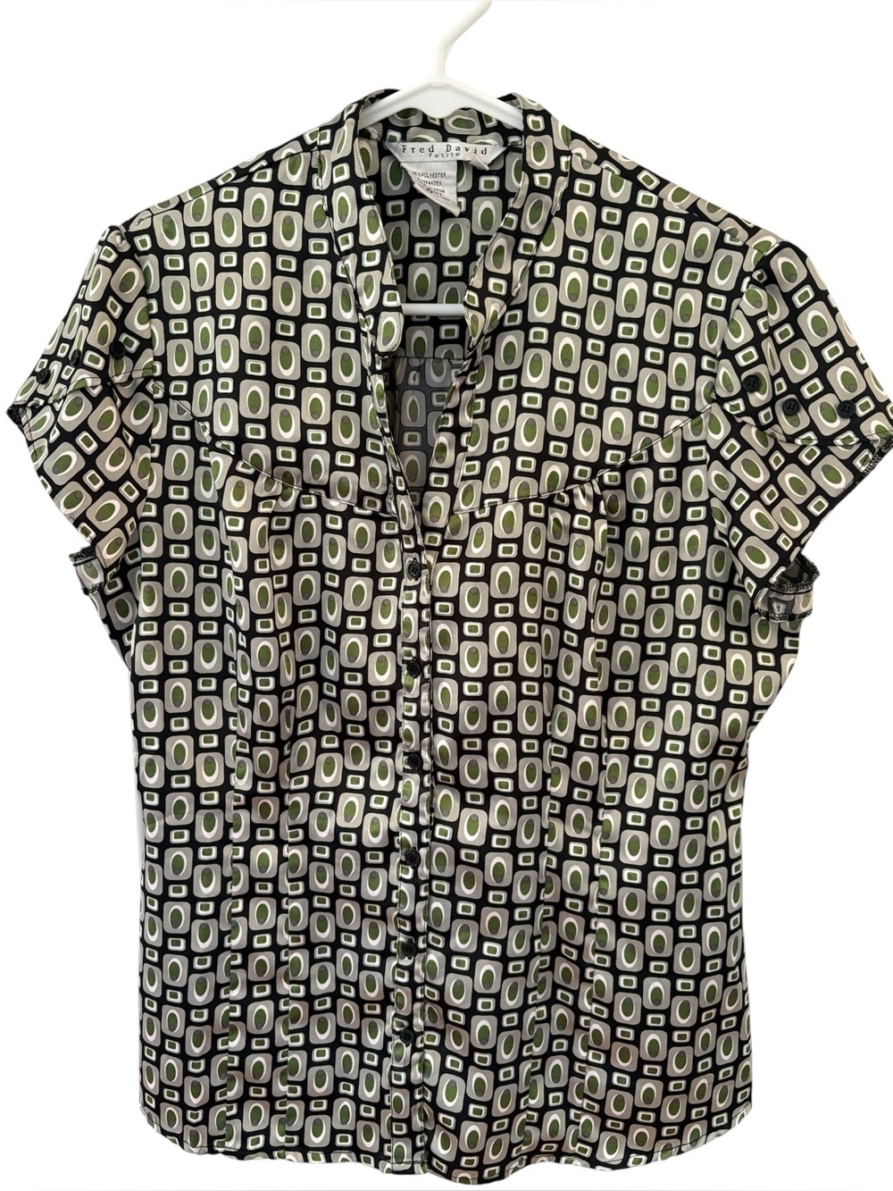 Button-Front  Short Sleeve Top Black, Green and Grey. Woman’s size Petite Large